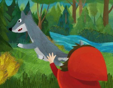 cartoon scene with wolf and little girl in red hood illustration