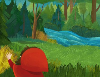 cartoon scene with little girl kid in red hood in forest illustration
