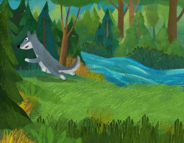 cartoon scene with wolf in the forest illustration