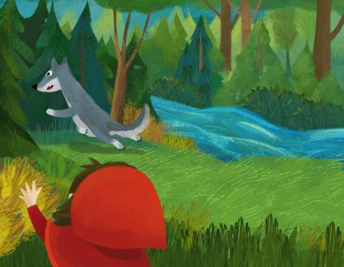 cartoon scene with wolf and little girl in red hood illustration