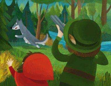 cartoon scene with hunter forester hunting wolf in the forest with little girl illustration
