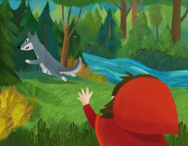 cartoon scene with wolf and little girl in red hood illustration