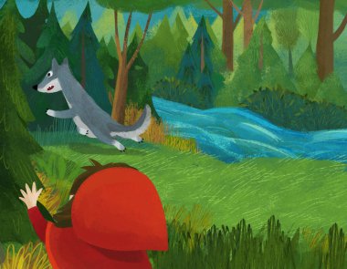 cartoon scene with wolf and little girl in red hood illustration
