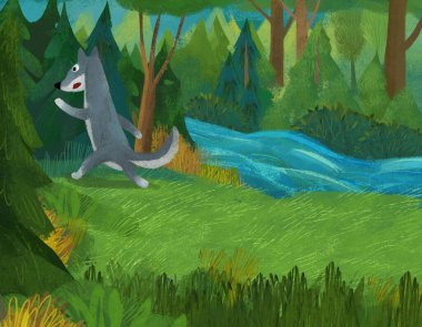 cartoon scene with wolf in the forest illustration