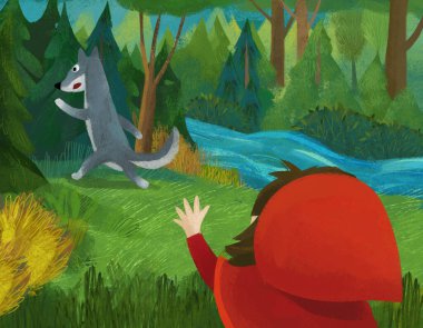 cartoon scene with wolf and little girl in red hood illustration