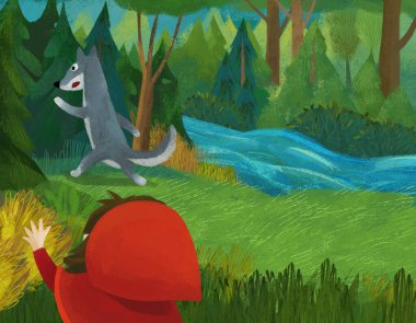 cartoon scene with wolf and little girl in red hood illustration
