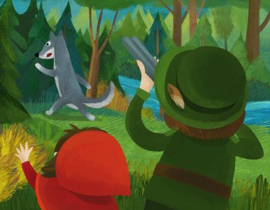 cartoon scene with hunter forester hunting wolf in the forest with little girl illustration