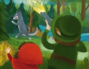 cartoon scene with hunter forester hunting wolf in the forest with little girl illustration