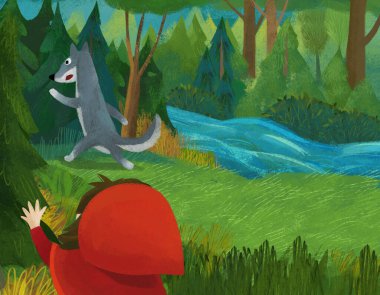 cartoon scene with wolf and little girl in red hood illustration