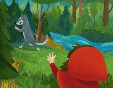 cartoon scene with wolf and little girl in red hood illustration