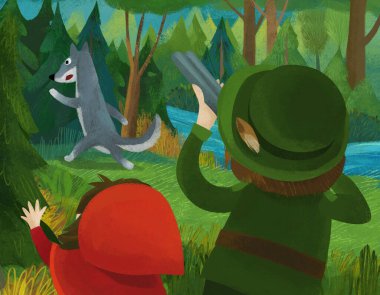 cartoon scene with hunter forester hunting wolf in the forest with little girl illustration