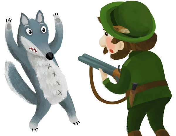Cartoon Scene Hunter Forester Hunting Bad Wolf Illustration —  Fotos de Stock