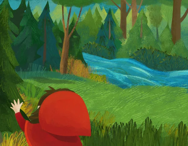 Cartoon Scene Little Girl Kid Red Hood Forest Illustration — Zdjęcie stockowe
