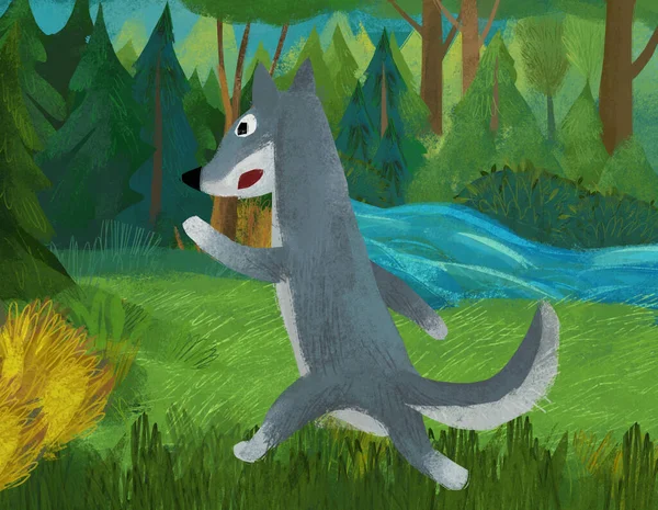 Cartoon Scene Wolf Forest Illustration — Zdjęcie stockowe