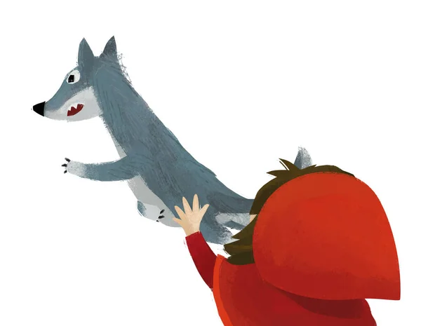 Cena Dos Desenhos Animados Com Lobo Pequena Menina Capa Vermelha — Fotografia de Stock