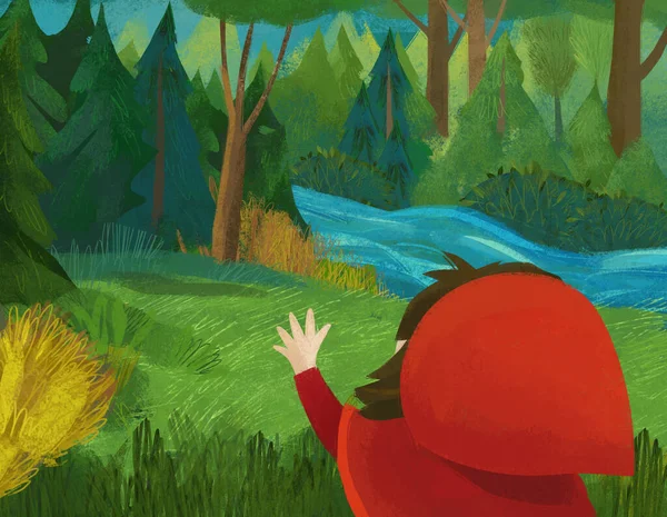 cartoon scene with little girl kid in red hood in forest illustration