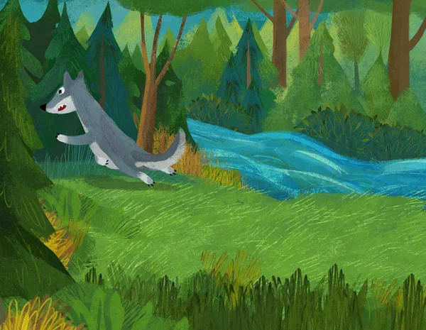 Cartoon Scene Wolf Forest Illustration — ストック写真