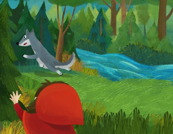 Σκηνή Κινουμένων Σχεδίων Λύκος Και Κοριτσάκι Στην Απεικόνιση Κόκκινο Κουκούλα — Φωτογραφία Αρχείου