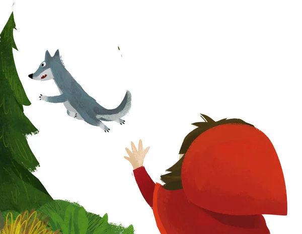 Cartoon Scene Wolf Little Girl Red Hood Illustration — Stock Photo, Image