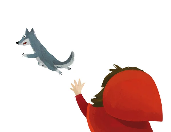 cartoon scene with wolf and little girl in red hood illustration