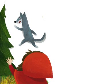 cartoon scene with wolf and little girl in red hood illustration