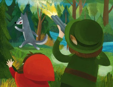 cartoon scene with hunter forester hunting wolf in the forest with little girl illustration