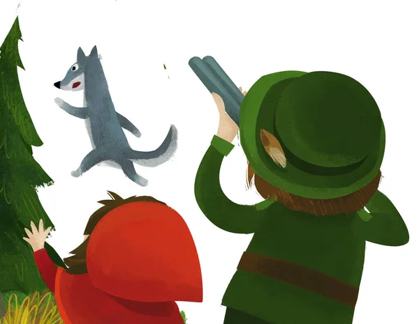 Cartoon Scene Hunter Forester Hunting Wolf Forest Little Girl Illustration — Fotografia de Stock