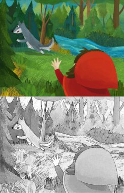 cartoon scene with wolf and little girl in red hood illustration