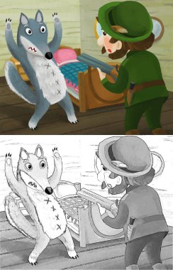cartoon scene with hunter forester hunting bad wolf in the farm house illustration