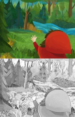 cartoon scene with little girl kid in red hood in forest illustration