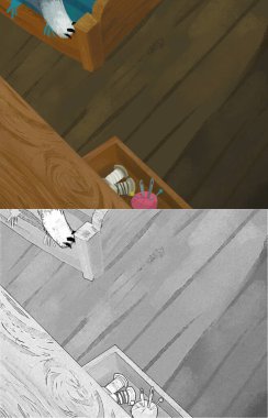 cartoon scene with tailoring tools on the desk illustration