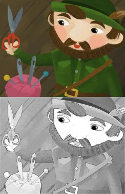 cartoon scene with hunter forester in farm house with tailoring tools illustration