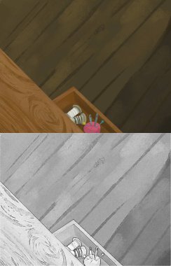 cartoon scene with tailoring tools on the desk illustration