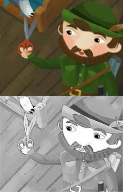 cartoon scene with hunter forester in farm house with tailoring tools illustration