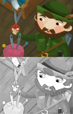 cartoon scene with hunter forester in farm house with tailoring tools illustration