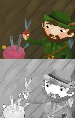 cartoon scene with hunter forester in farm house with tailoring tools illustration