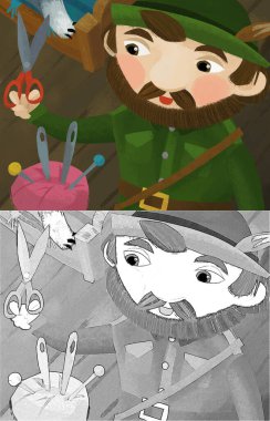 cartoon scene with hunter forester in farm house with tailoring tools illustration