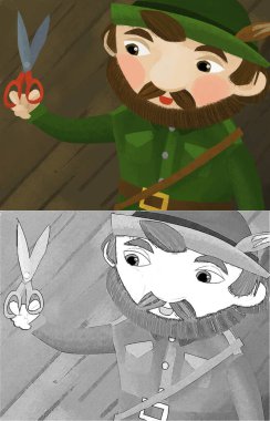 cartoon scene with hunter forester in farm house with tailoring tools illustration