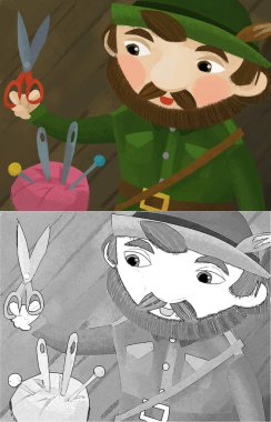 cartoon scene with hunter forester in farm house with tailoring tools illustration