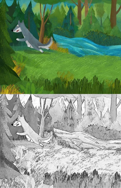 Cartoon Scene Wolf Forest Illustration — ストック写真