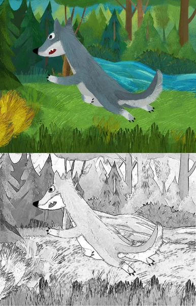 森林图上有狼的卡通片 — 图库照片