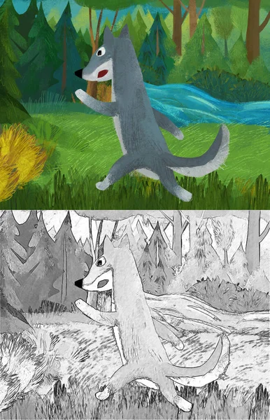 森のイラストの中のオオカミとの漫画シーン — ストック写真