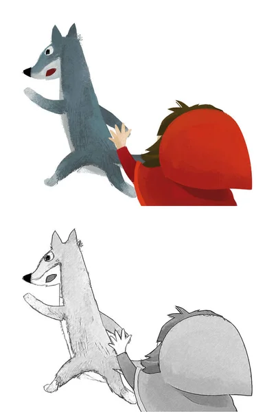 cartoon scene with wolf and little girl in red hood illustration