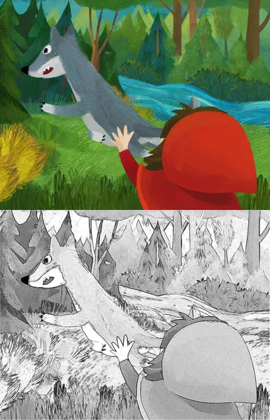 Cartoon Scene Wolf Little Girl Red Hood Illustration — ストック写真