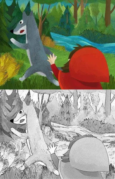 Cartoon Scene Wolf Little Girl Red Hood Illustration — Stok fotoğraf