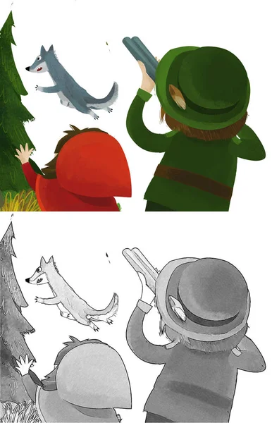 Cartoon Scene Hunter Forester Hunting Wolf Forest Little Girl Illustration — Stockfoto