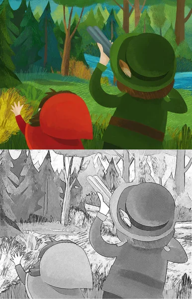 Cartoon Scene Hunter Forester Girl Kid Forester Illustration — Stock Photo, Image