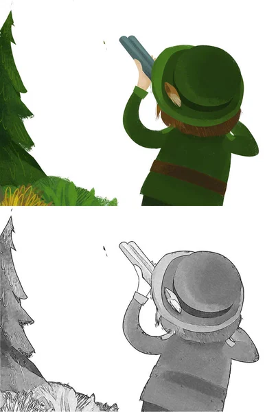Cartoon Scene Hunter Forester Hunting Rifle Illustration — Stockfoto