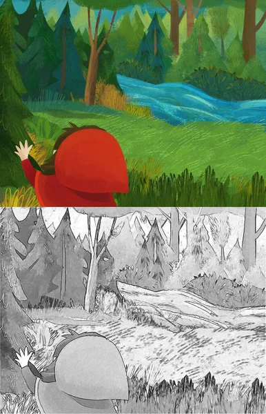 Cartoon Scene Little Girl Kid Red Hood Forest Illustration — ストック写真