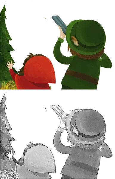 Cartoon Scene Hunter Forester Girl Kid Forester Illustration — Foto de Stock